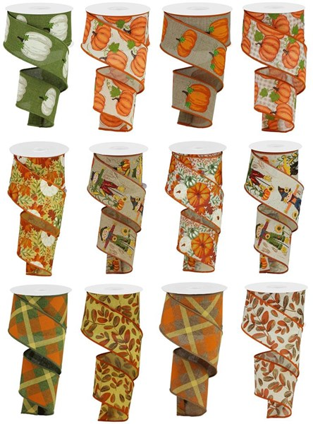 Twelve rolls of 2.5-inch wide harvest-themed polyester ribbon with various autumn patterns.