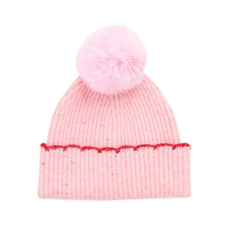 Kendra Beanie: Pink ribbed knit hat with colorful flecks, a red scalloped trim, and a faux fur pom.