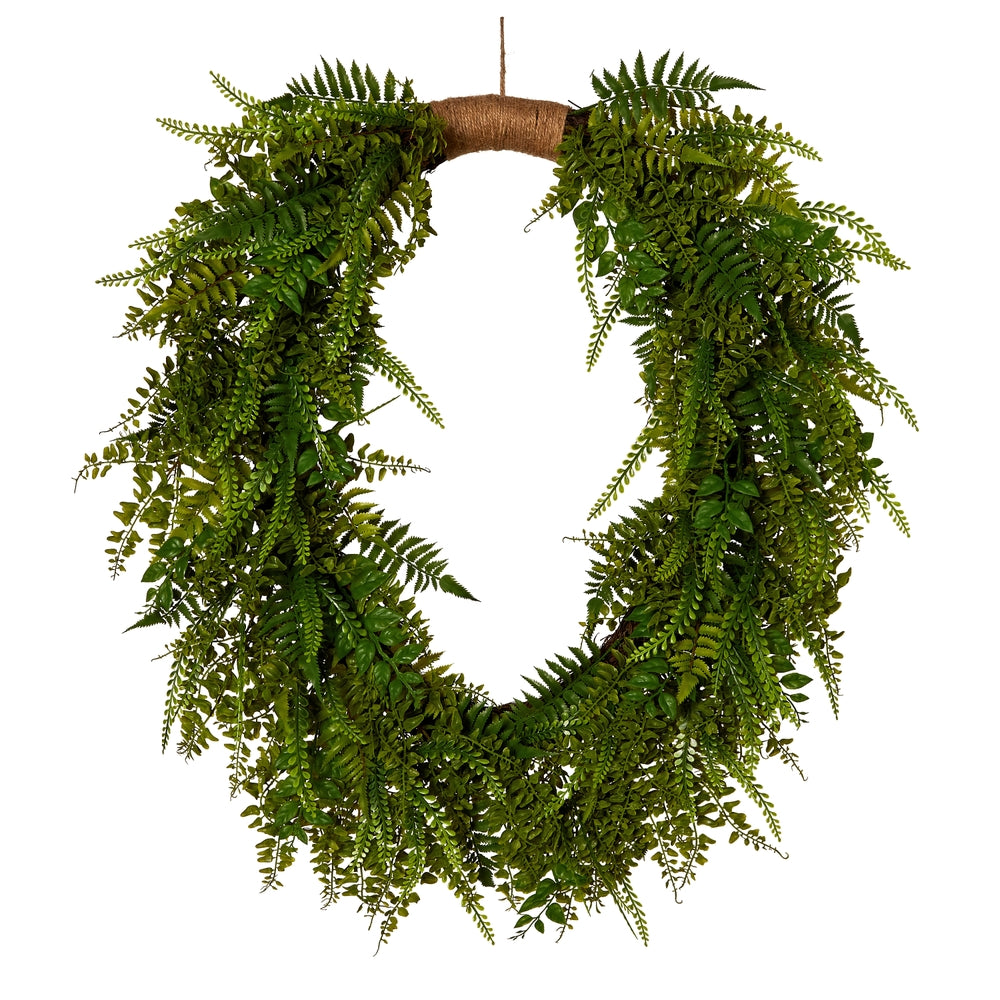 36-inch artificial fern wreath made of plastic with a natural green leaf pattern and circular silhouette.
