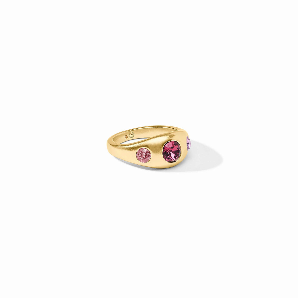 Rainbow signet ring with a multicolored enamel finish on gold-plated metal featuring an oval silhouette.