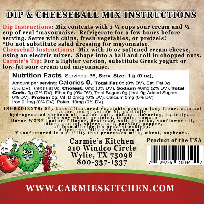 Back of BLT Dip Mix packaging with instructions, nutrition facts, and ingredients list.