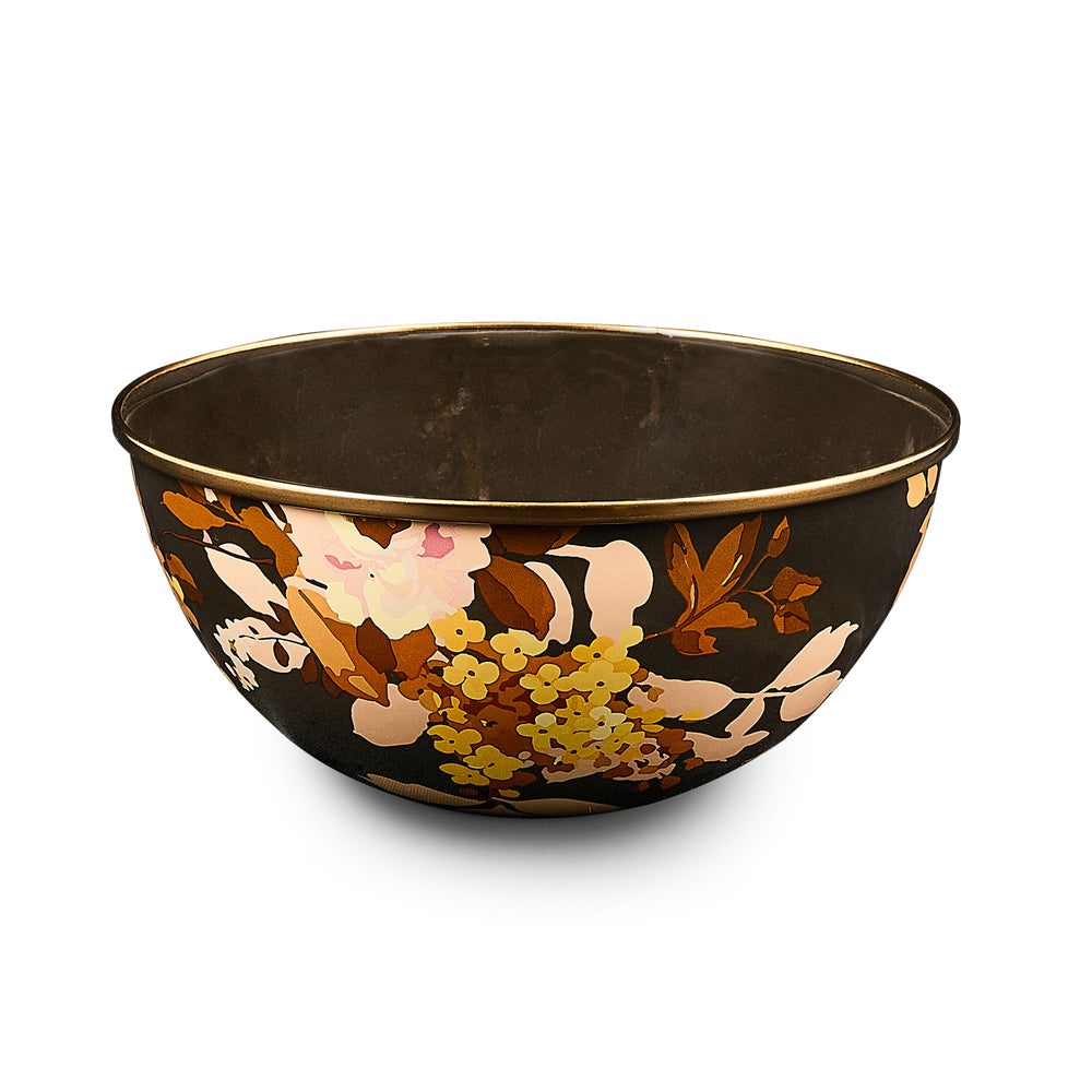 Brown Wild Rose everyday bowl with bronzed stainless steel rim and hand-applied ceramic glaze decal