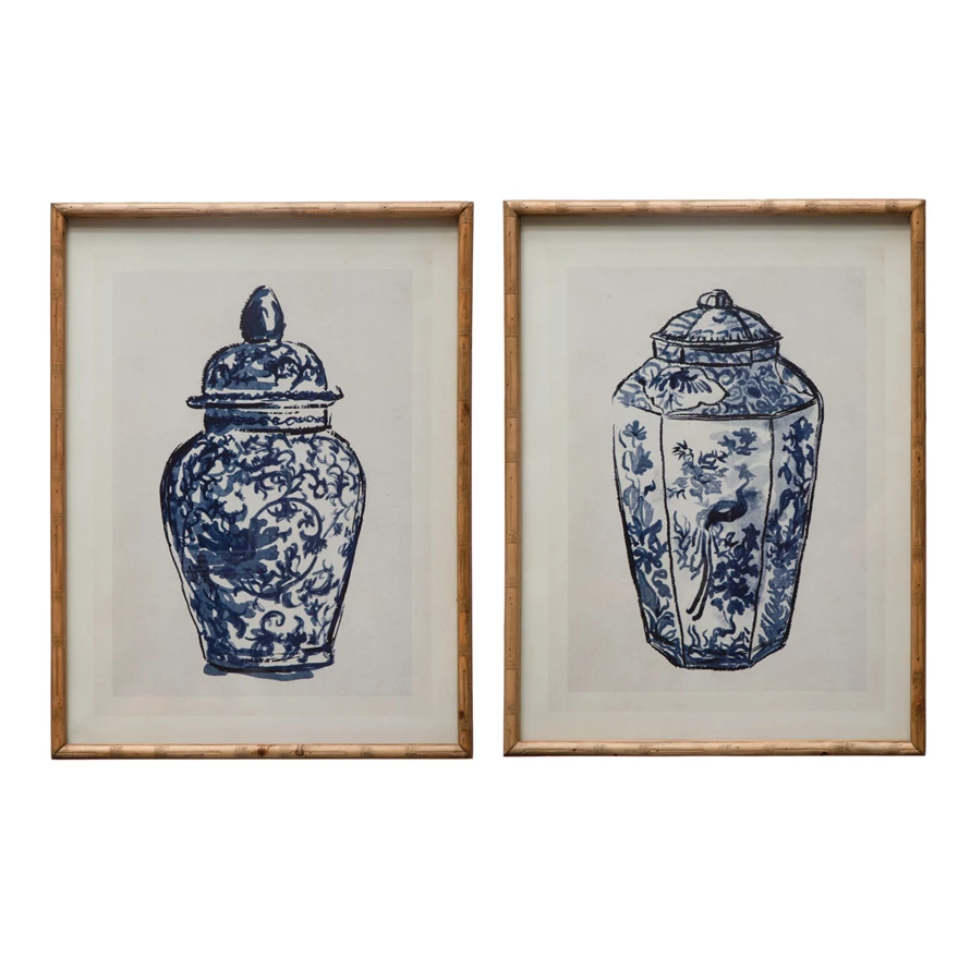 Wood Framed Glass Wall Decor w/ Cachepot