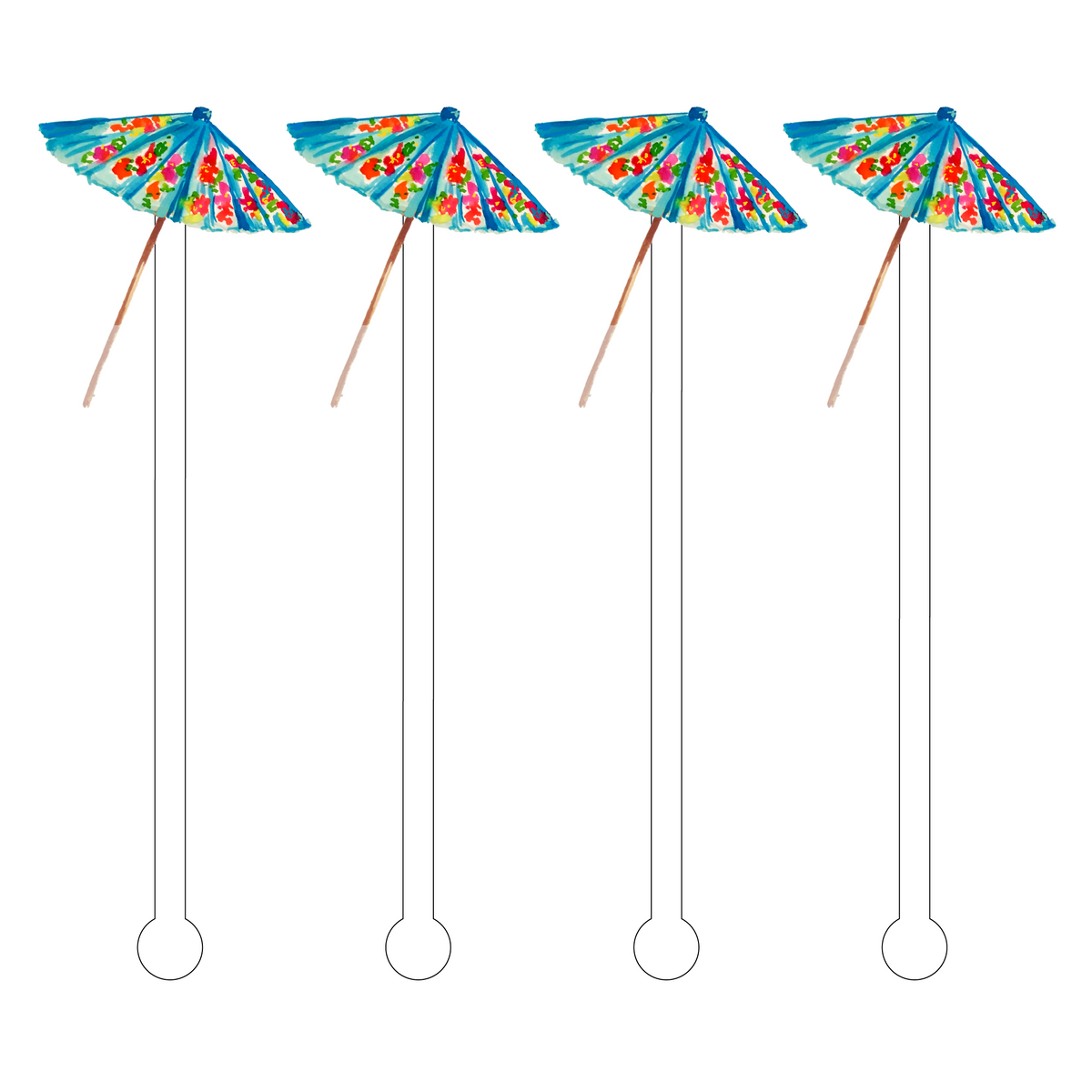 Four reusable 6-inch acrylic drink stir sticks featuring a blue floral watercolor umbrella design.