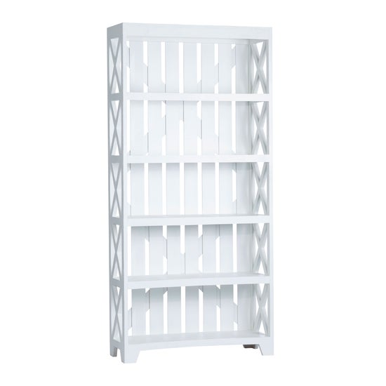 Slat Back Bookcase in natural wood finish with open shelving