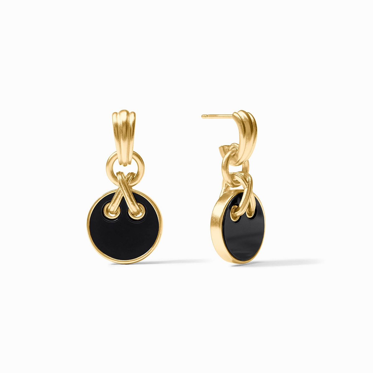 Gold Essex hoop earrings with black circular charms and 24K gold plated accents.