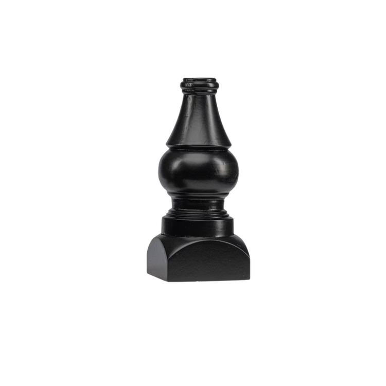 Small black display pole with a turned wood design and a square base.