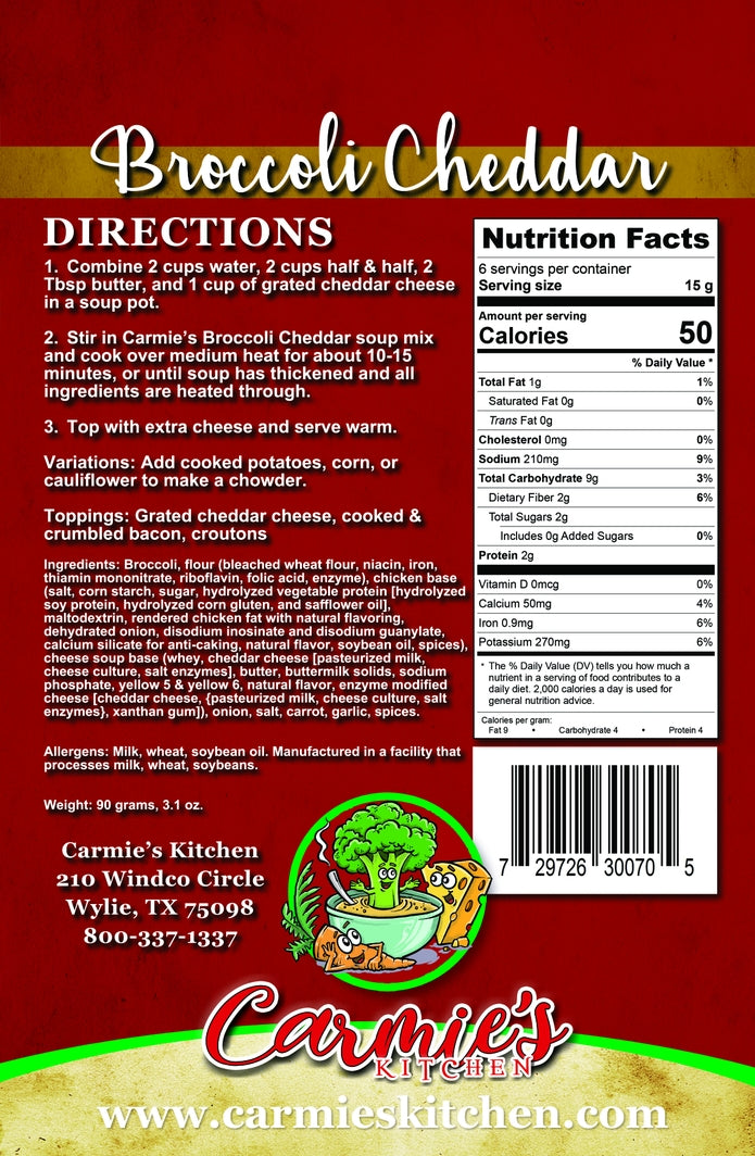 Broccoli Cheddar Soup Mix label with cooking directions, nutrition facts, and ingredients list.