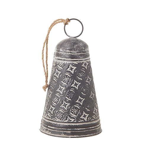 11.5 inch galvanized stamped metal bell with a distressed grey finish and linen hanging loop.