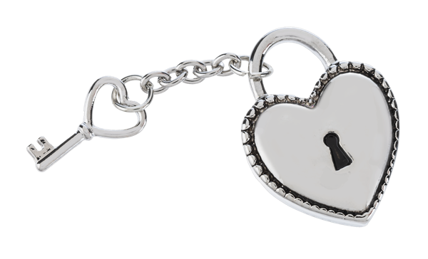 Silver heart-shaped padlock and key charm with a chain.
