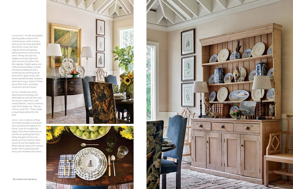 Interior design book spread showing a dining room with antique furniture and blue-and-white china.