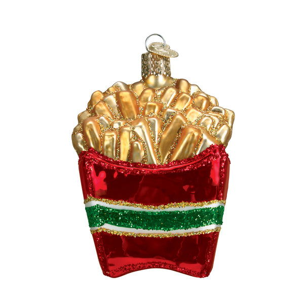 Glass French fries Christmas ornament in a red container with green and white glitter stripes.