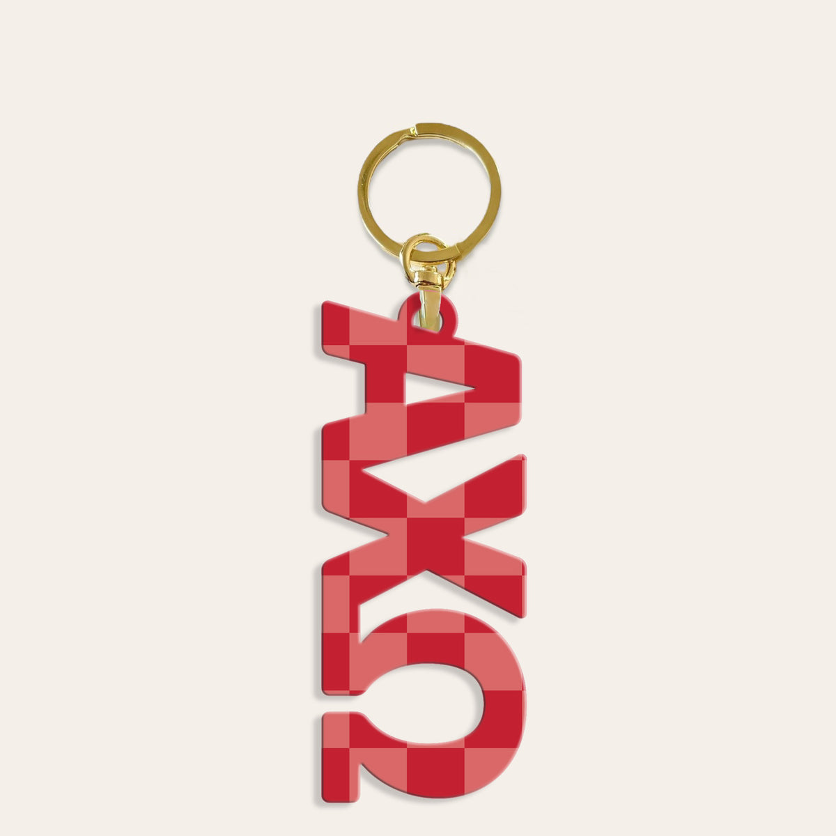 Acrylic sorority Greek letter keychain with a glossy finish.