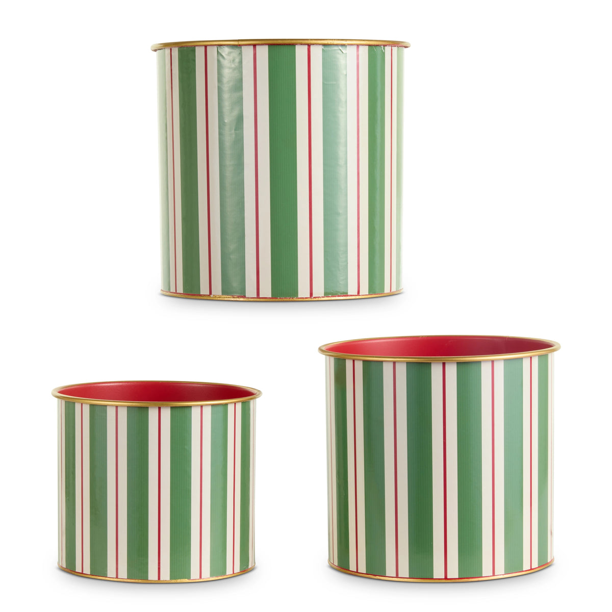 Three Yuletide Stripes decorative buckets in varying sizes with green, white, and red stripes.