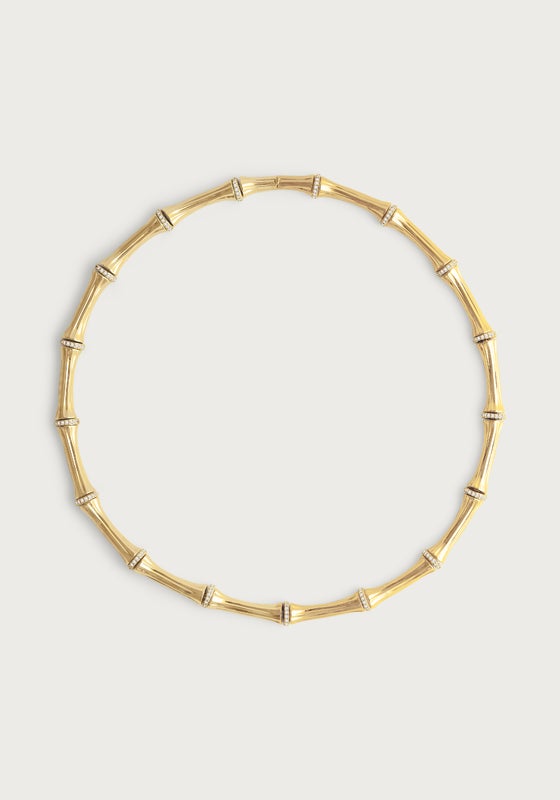 18K gold-plated brass Bamboo Necklace with crystal pavé accents on each link.