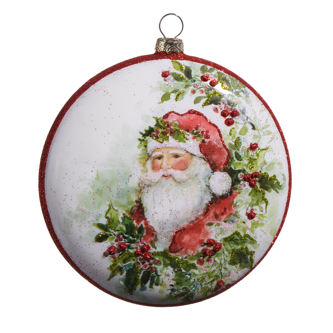 5-inch watercolor Santa Claus disk ornament with red glitter trim and holly accents.