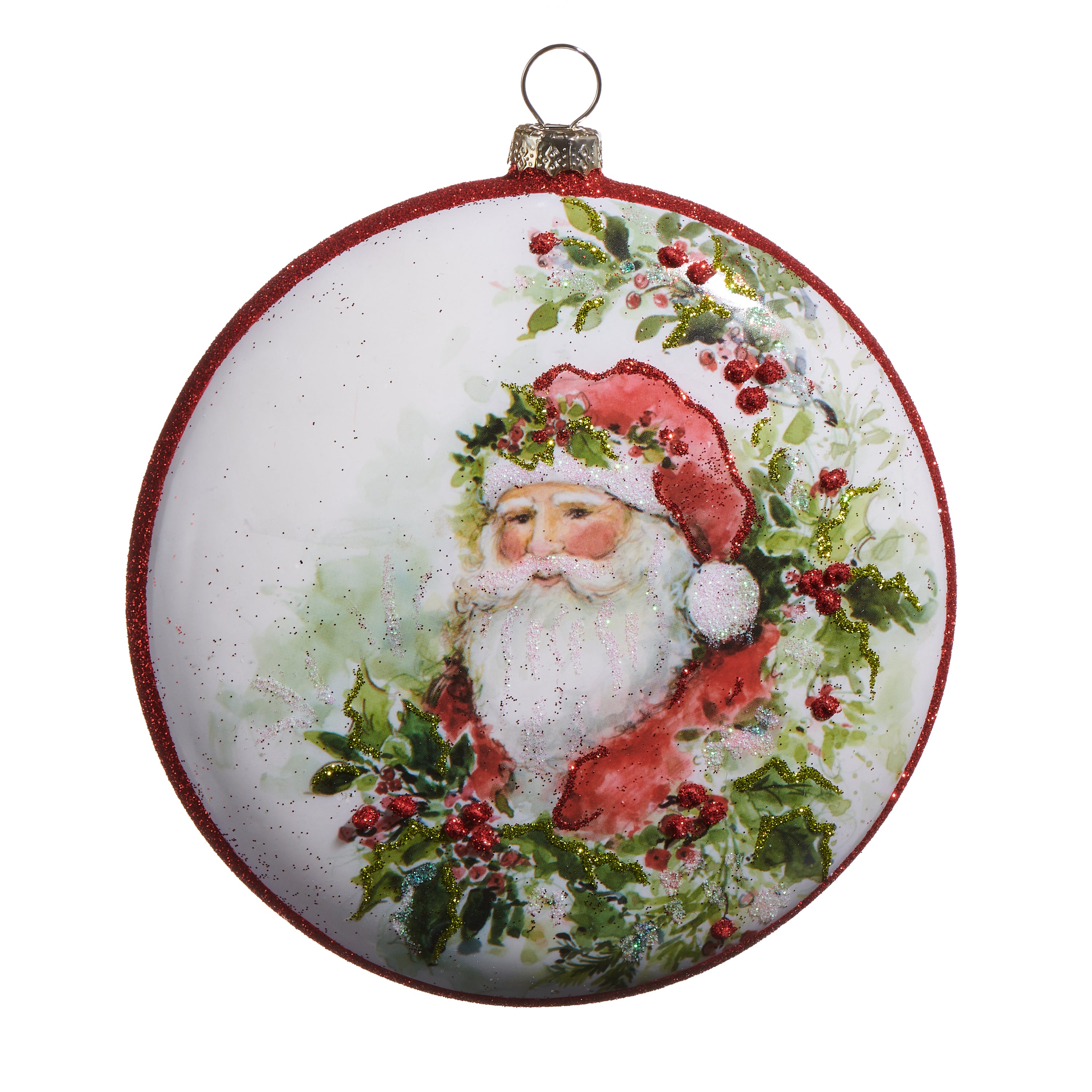 5-inch watercolor Santa Claus disk ornament with red glitter trim and holly accents.