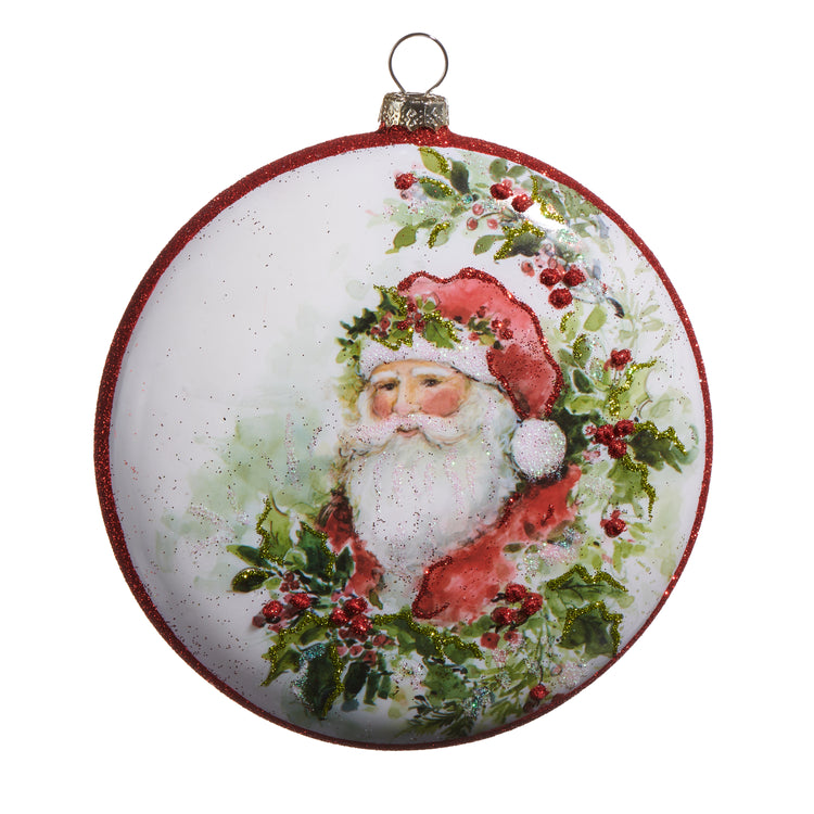 5-inch watercolor Santa Claus disk ornament with red glitter trim and holly accents.