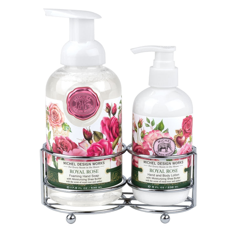 Foaming hand soap dispenser with pump next to a matching lotion bottle in white.