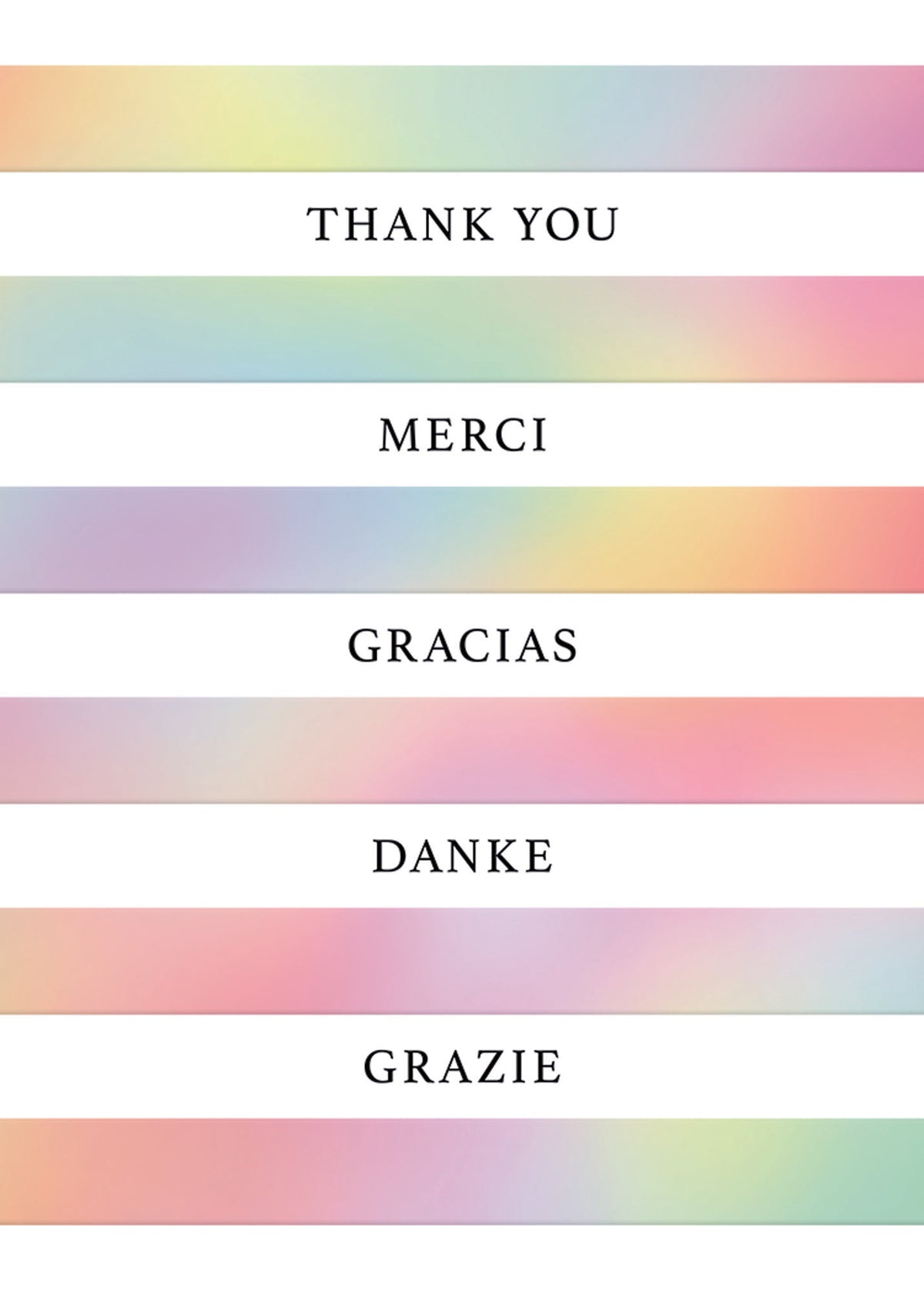 Multilingual thank you card with pastel gradient background and text: Thank You, Merci, Gracias, Danke, Grazie.