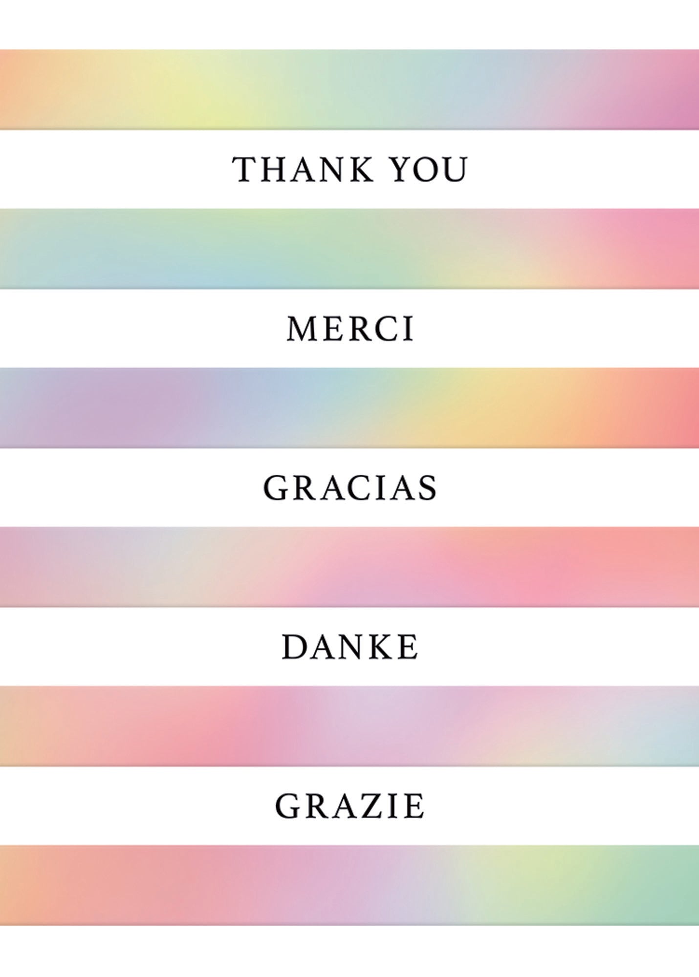 Multilingual thank you card with pastel gradient background and text: Thank You, Merci, Gracias, Danke, Grazie.