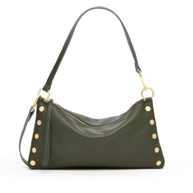 Kyle Med Twin Crest olive green pebble leather shoulder bag with brushed gold studs.