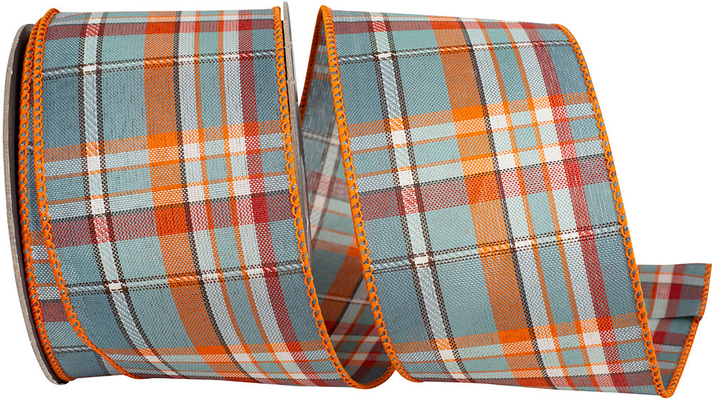 February plaid wired edge ribbon in blue, orange, and white on a spool.