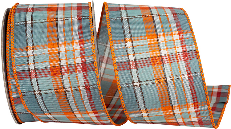 February plaid wired edge ribbon in blue, orange, and white on a spool.