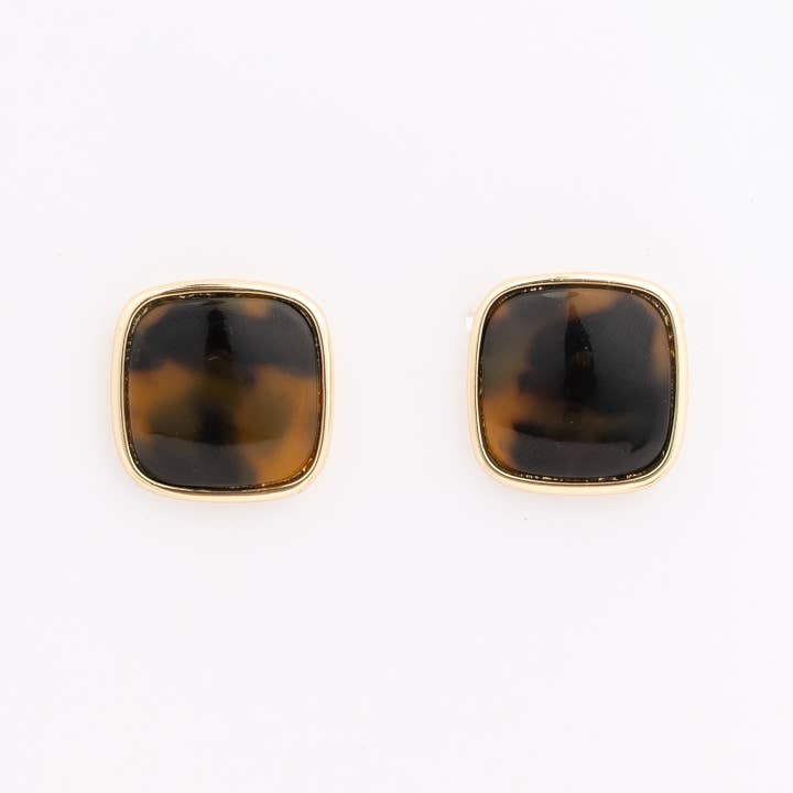 Pair of square Ruth earrings with a tortoiseshell pattern and gold-tone metal borders.