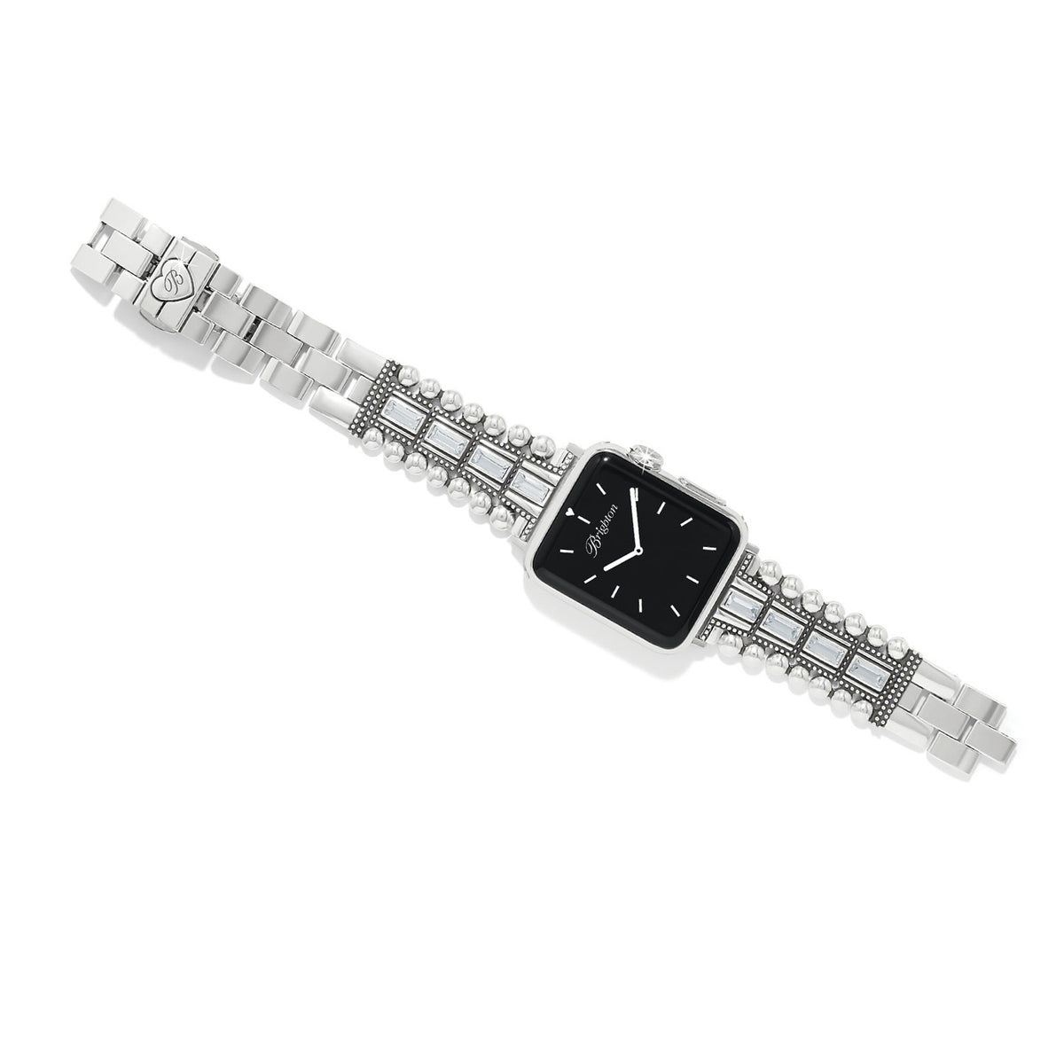 Silver-plated fold-over clasp watch band with removable links designed for 38mm and larger cases.
