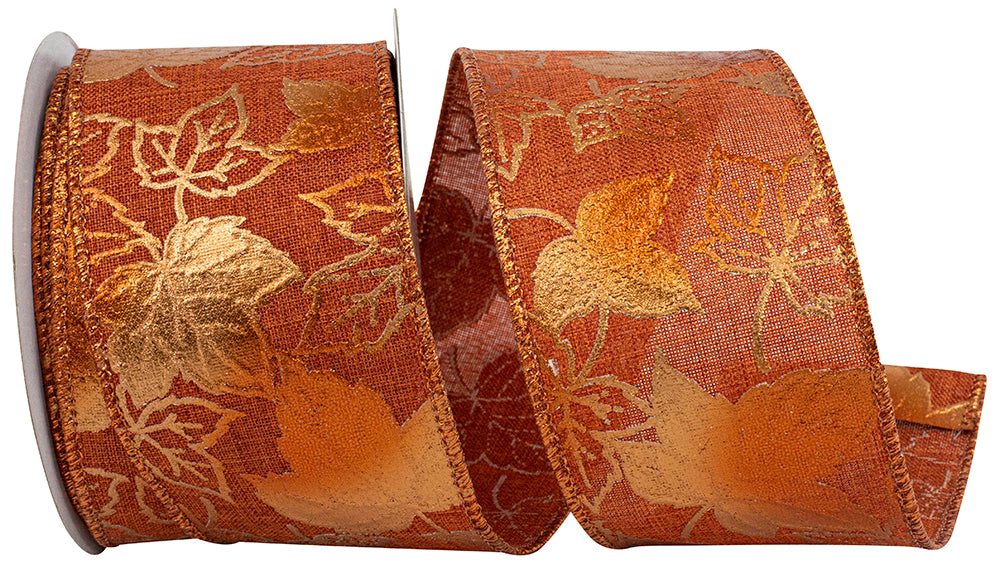 Leaves Raised Metalic Linen Wired Edge Ribbon