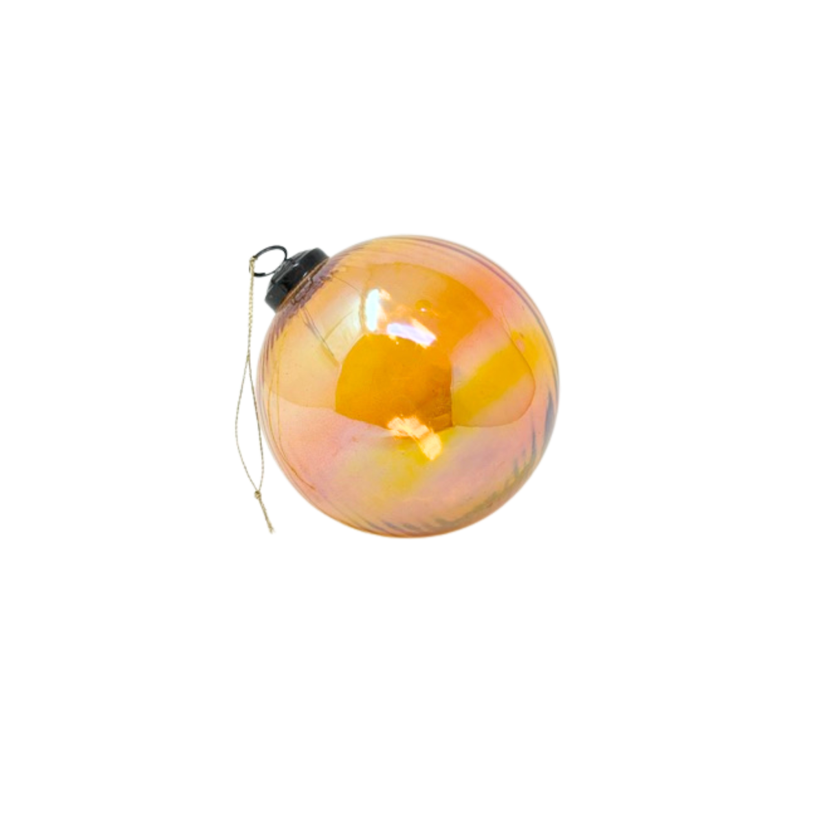 Iridescent amber glass ball ornament with a black iron cap and gold hanging string.