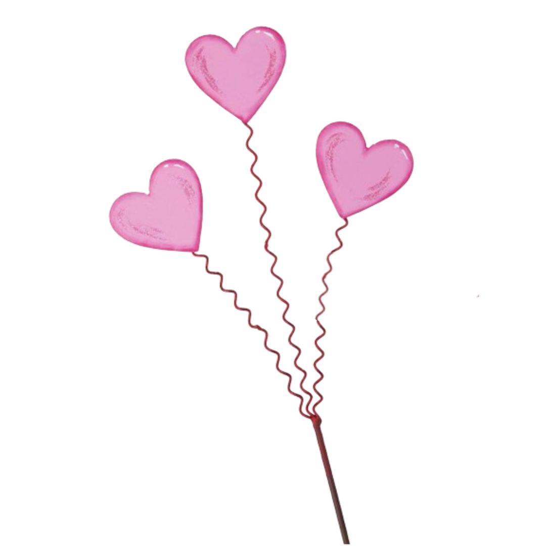 Three heart-shaped metal stakes with matte finish arranged in a trio.