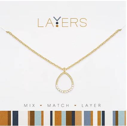 Gold open teardrop pendant necklace with small white pearls on a gold chain.