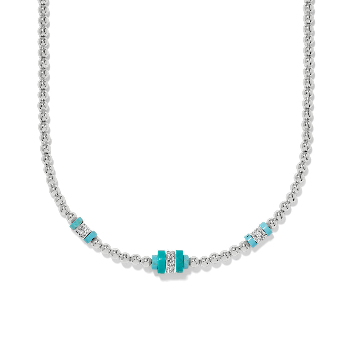 Silver-plated Meridian Petite Sphere Station Necklace with turquoise and crystal accents.