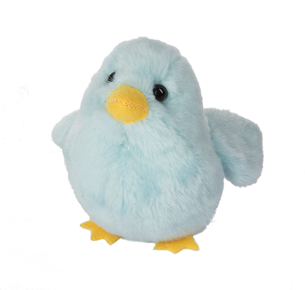 Plush light blue chick toy with yellow beak and feet, 3.5 inches tall.