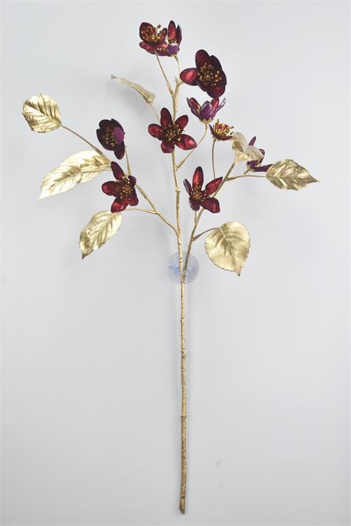 28-inch metallic clematis spray with gold stem and leaves and deep burgundy metallic flowers.