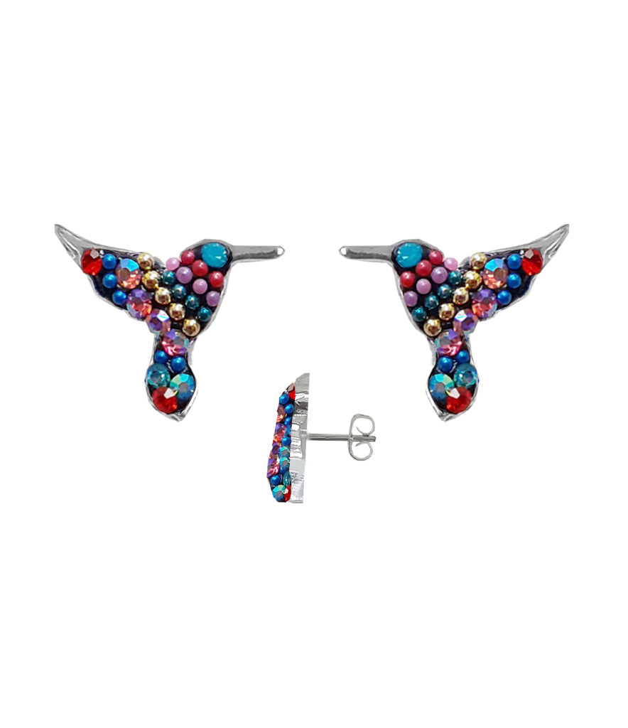 Sterling silver hummingbird post earrings featuring Austrian crystals in a detailed pattern.