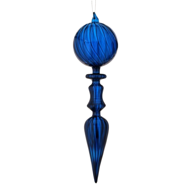 12-inch blue glass opaque finial ornament with a ribbed swirl design and pointed base.