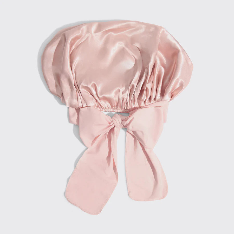 Blush satin adjustable bonnet with extra-long ties