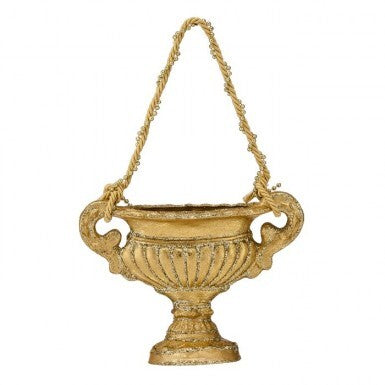 6-inch resin gilded urn ornament with ornate handles and a beaded hanging cord.
