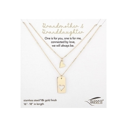 Gold necklace set for grandmother and granddaughter with heart and rectangle pendants.
