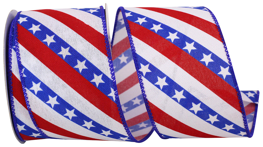 Royal blue Stars and Stripes wired edge trim with white stripes on a royal linen background.