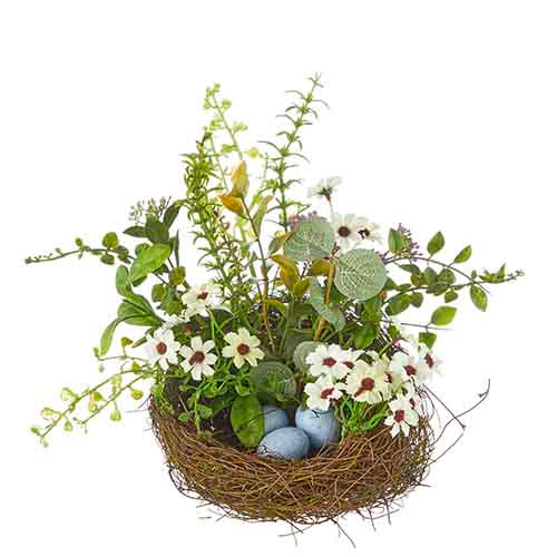 Multicolor plastic nest arrangement with polyester accents measuring 12 inches long.