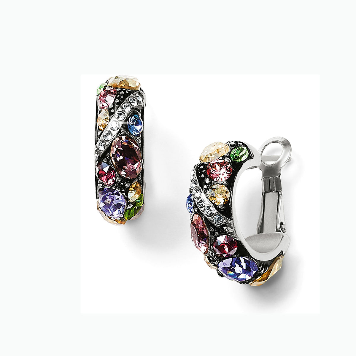 Trust Your Journey silver-plated hoop earrings with multi-colored pastel crystals.