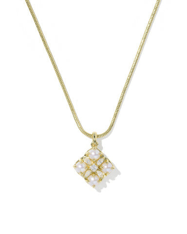 Dira Pearl Short Pendant Necklace featuring a gold chain and a square pearl-accented medallion.