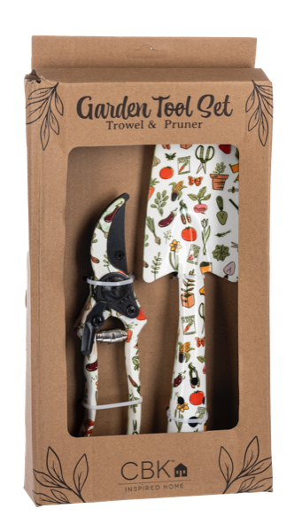 CBK Garden Tool Set with a floral pattern trowel and pruner in a brown cardboard gift box.