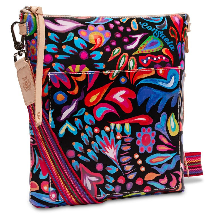 Sophie Tour crossbody bag in soft fabric with multiple interior pockets.