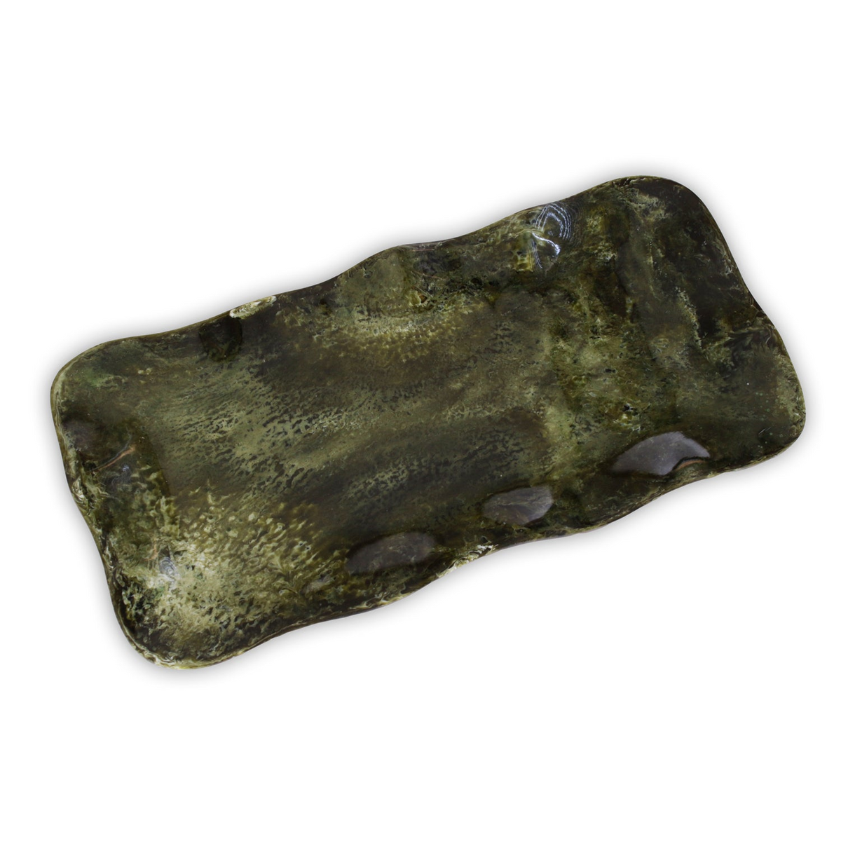 Long rectangular resin tray in deep green and earthy malachite tones with a glossy finish.