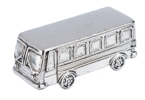 Multi-colored metal bus charm measuring 11/2 inches wide by 5/8 inch tall.